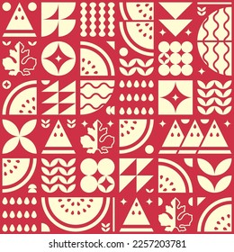 Abstract artwork of watermelon fruit pattern icon set. Simple flat vector art, illustration of cut watermelon symbols, leaves, seeds and various geometric shapes. Grocery silhouette, modern design.
