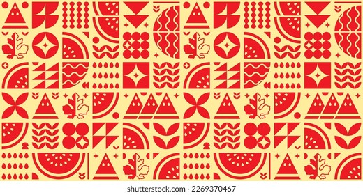 Abstract artwork of watermelon fruit pattern icon set. Simple flat vector art, illustration of cut watermelon symbols, leaves, seeds and various geometric shapes. Food theme silhouette, modern design.