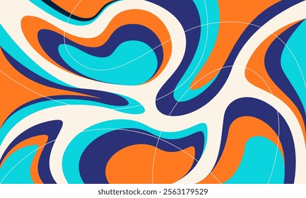 An abstract artwork with wavy shapes and lines in orange, blue, teal, and white. The overlapping shapes and curved white lines create a dynamic and engaging pattern.
