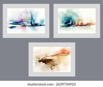 Abstract artworks with bright splashes of color, symbolizing chaos and surrealism of life. Artworks in abstract style with landscape-like natural elements to decorate art gallery walls