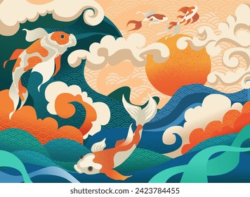 Abstract Asia art. Japanese pattern. Chinese seascape. Ocean waves and koi fish. Sea splashes texture. Marine nature. Sky clouds and sun. Watercolor artistic backdrop. Asian banner. Vector background