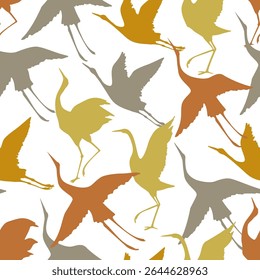 Abstract Asian crane bird silhouette seamless pattern. Japanese wading bird silhouettes background. Vector art illustration inspired by eastern traditional style