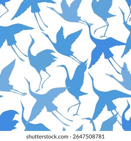 Abstract asian crane bird silhouette seamless pattern. Japanese wading bird silhouettes background. Vector art illustration inspired by eastern traditional style