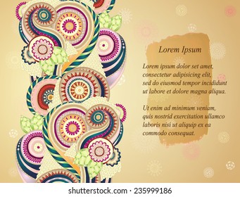 Abstract asian ethnic floral retro doodle background pattern in vector. Henna paisley mehndi doodles design tribal pattern with paint stain. Easy editible. 