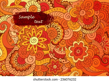 Abstract asian ethnic floral retro doodle orange background pattern in vector. Henna paisley mehndi doodles design tribal pattern with paint stain. Easy editible.