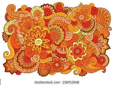 Abstract asian ethnic floral retro doodle background pattern in vector. Henna paisley mehndi doodles design tribal pattern with paint stain. Easy editible.