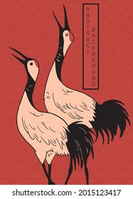 abstract asian illustration with cranes birds on orange blackground
