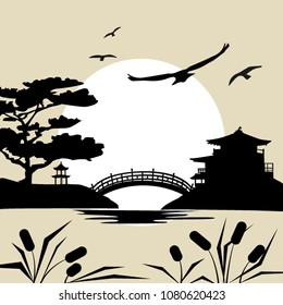 Abstract Asian illustration, landscape near water, retro style background, vector illustration