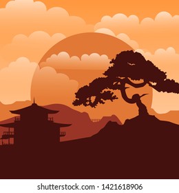 Abstract Asian illustration, mountains landscape, retro style background, vector illustration