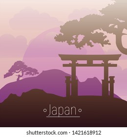 Abstract Asian illustration, mountains landscape, retro style background, vector illustration