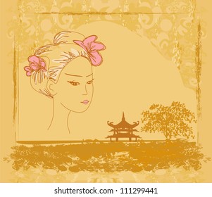 abstract Asian Landscape and beautiful Asian girl