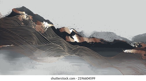 abstract asian landscape on grey and black background with gold, mountains and river