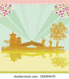 abstract Asian Landscape and two geishas