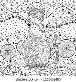 Abstract asian pattern with cat on isolated white. Zentangle. Hand drawn abstract patterns on isolation background. Design for spiritual relaxation for adults. Black and white illustration