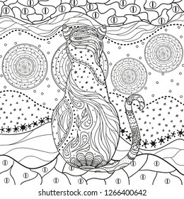 Abstract asian pattern with cat on isolated white. Zentangle. Hand drawn abstract patterns on isolation background. Design for spiritual relaxation for adults. Black and white illustration