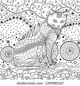 Abstract asian pattern with cat on isolated white. Zentangle. Hand drawn abstract patterns on isolation background. Design for spiritual relaxation for adults. Black and white illustration
