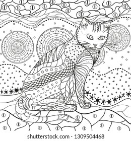 Abstract asian pattern with cat on isolated white. Hand drawn abstract patterns on isolation background. Design for spiritual relaxation for adults. Black and white illustration for coloring
