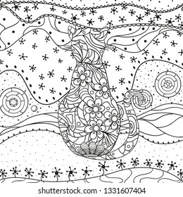 Abstract asian pattern with ornate cat on isolated white. Zentangle. Hand drawn abstract patterns on isolation background. Design for spiritual relaxation for adults. Black and white illustration