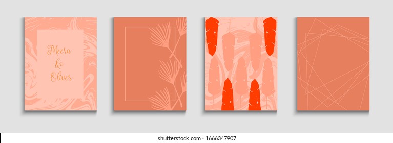 Abstract Asian Vector Banners Set. Painted Lines Shapes in Oriental Style. Geometric Frame Pattern. Hand Drawn Minimal Background. Tie-Dye, Tropical Leaves Cards Soft, Elegant Invitation Template.