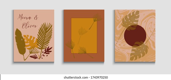 Abstract Asian Vector Banners Set. Noble Banana Leaves Magazine Design. Geometric Border Texture. Oriental Style Invitation. Hand Drawn Elegant Background. Tie-Dye, Tropical Leaves Cards.