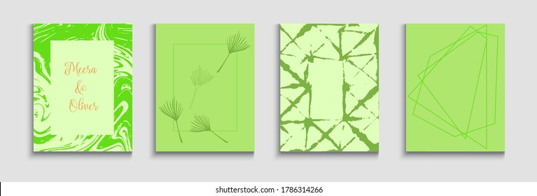 Abstract Asian Vector Banners Set. Geometric Frame Pattern. Painted Shapes Forms in Oriental Style. Tie-Dye, Tropical Leaves Covers Hand Drawn Minimal Background. Soft, Elegant Magazine Layout.