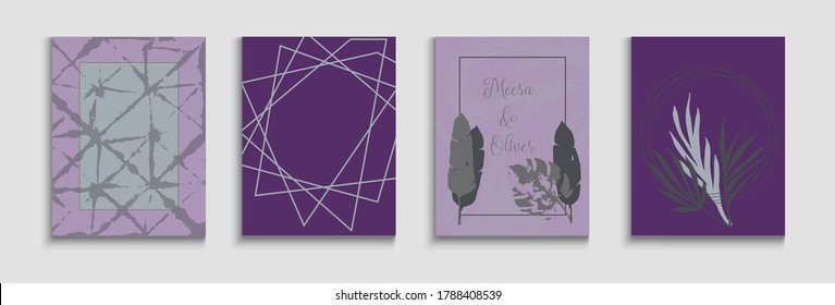 Abstract Asian Vector Banners Set. Geometric Border Texture. Soft, Elegant Invitation Template. Painted Forms Shapes in Oriental Style. Tie-Dye, Tropical Leaves Posters Hand Drawn Minimal Background.