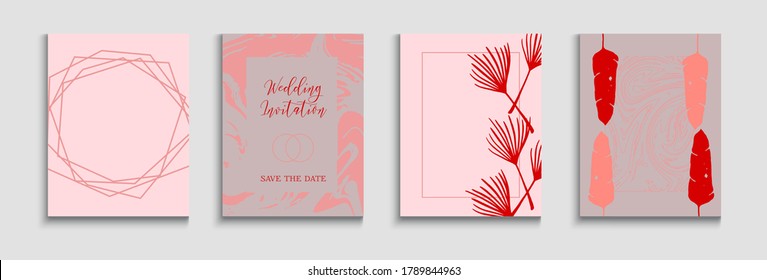 Abstract Asian Vector Banners Set. Geometric Frame Texture. Painted Shapes Forms in Oriental Style. Tie-Dye, Tropical Leaves Flyers Hand Drawn Minimal Background. Soft, Elegant Invitation Layout.