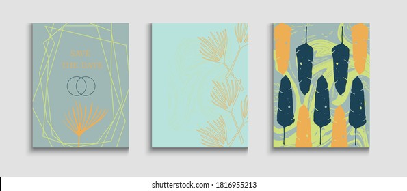 Abstract Asian Vector Banners Set. Tie-Dye, Tropical Leaves Covers. Hand Drawn Hipster Background. Geometric Frame Texture. Japanese Style Invitation. Simple Olive Leaves Magazine Template.