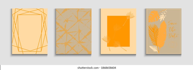 Abstract Asian Vector Banners Set. Hand Drawn Minimal Background. Painted Forms Shapes in Oriental Style. Geometric Border Pattern. Soft, Elegant Invitation Template. Tie-Dye, Tropical Leaves Posters
