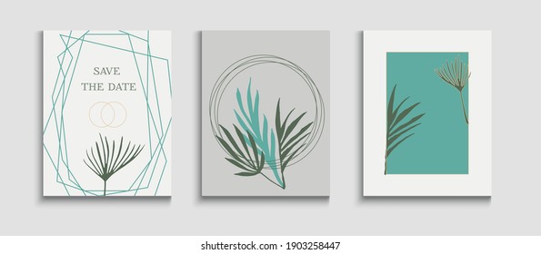 Abstract Asian Vector Banners Set. Oriental Style Invitation. Simple Olive Leaves Magazine Design. Hand Drawn Trendy Background. Tie-Dye, Tropical Leaves Covers. Geometric Frame Texture.