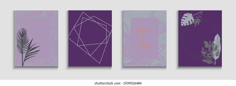 Abstract Asian Vector Banners Set. Soft, Elegant Magazine Design. Hand Drawn Minimal Background. Painted Shapes Lines in Oriental Style. Tie-Dye, Tropical Leaves Cards Geometric Frame Pattern.