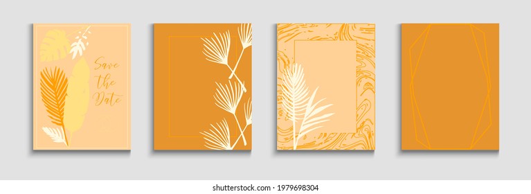 Abstract Asian Vector Banners Set. Oriental Style Invitation. Hand Drawn Retro Background. Tie-Dye, Tropical Leaves Covers. Geometric Frame Texture. Soft Olive Leaves Magazine Layout.
