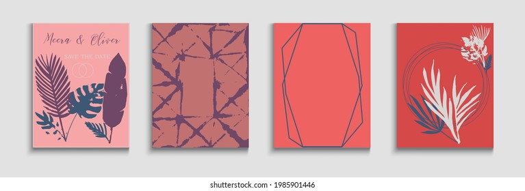 Abstract Asian Vector Banners Set. Soft, Elegant Invitation Layout. Hand Drawn Minimal Background. Geometric Border Texture. Tie-Dye, Tropical Leaves Posters Painted Shapes Lines in Oriental Style.