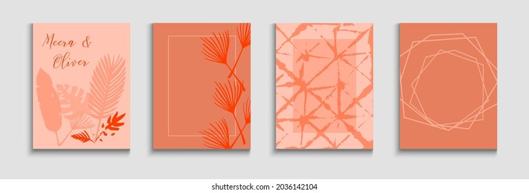 Abstract Asian Vector Banners Set. Geometric Frame Pattern. Hand Drawn Minimal Background. Painted Lines Shapes in Oriental Style. Tie-Dye, Tropical Leaves Flyers Soft, Elegant Magazine Design.