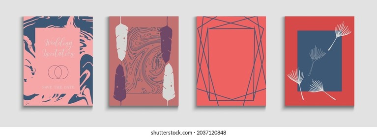 Abstract Asian Vector Banners Set. Soft, Elegant Magazine Template. Tie-Dye, Tropical Leaves Posters Hand Drawn Minimal Background. Geometric Border Pattern. Painted Forms Lines in Oriental Style.