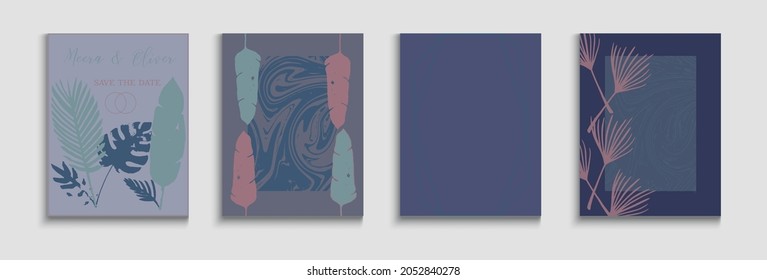 Resumen conjunto de carteles de vectores asiáticos. Líneas de formularios pintados en estilo oriental. Fondo Mínimo De La Mano. Plantilla de Revista suave y elegante. Patrón de marco geométrico. Tejido, volantes de hojas tropicales