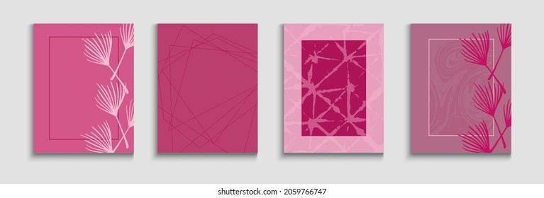 Abstract Asian Vector Banners Set. Hand Drawn Minimal Background. Soft, Elegant Magazine Design. Painted Shapes Lines in Oriental Style. Geometric Frame Pattern. Tie-Dye, Tropical Leaves Posters