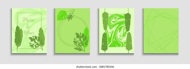 Abstract Asian Vector Banners Set. Soft, Elegant Invitation Design. Hand Drawn Minimal Background. Geometric Frame Texture. Painted Lines Shapes in Oriental Style. Tie-Dye, Tropical Leaves Cards