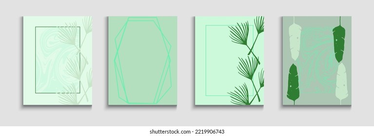 Abstract Asian Vector Banners Set. Painted Forms Lines in Oriental Style. Soft, Elegant Magazine Design. Tie-Dye, Tropical Leaves Covers Hand Drawn Minimal Background. Geometric Border Pattern.