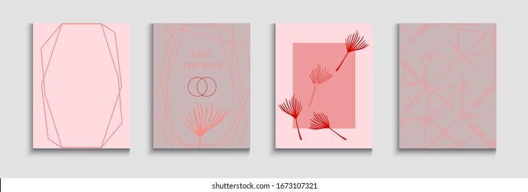 Conjunto de tarjetas de vectores asiáticas abstractas. Diseño De Invitación Elegante Y Suave. Patrón de marco geométrico. Pósters de tinte, hojas tropicales dibujando fondo mínimo. Formularios de líneas pintadas en estilo oriental.