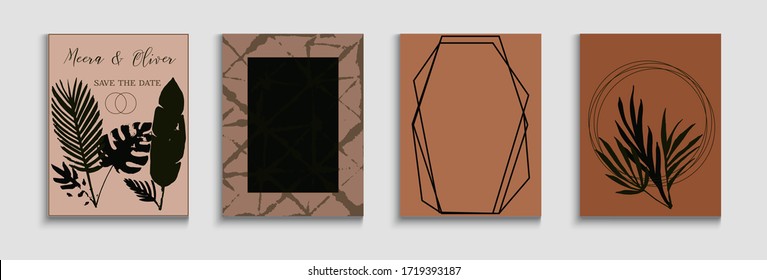 Abstract Asian Vector Cards Set. Soft Olive Leaves Magazine Layout. Tie-Dye, Tropical Leaves Covers. Oriental Style Invitation. Geometric Border Pattern. Hand Drawn Elegant Background.