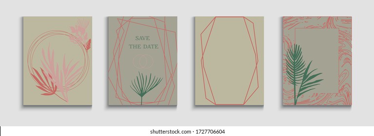 Resumen del juego de tarjetas vectoras asiáticas. Tintes, Tejidos Tropicales. Textura de borde geométrico. Antecedentes Retro Dibujados A Mano. Suave Monstera deja plantilla de revista. Invitación al estilo japonés.