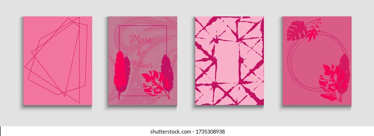 Abstract Asian Vector Cards Set. Hand Drawn Minimal Background. Painted Shapes Forms in Oriental Style. Soft, Elegant Invitation Template. Tie-Dye, Tropical Leaves Covers Geometric Border Pattern.