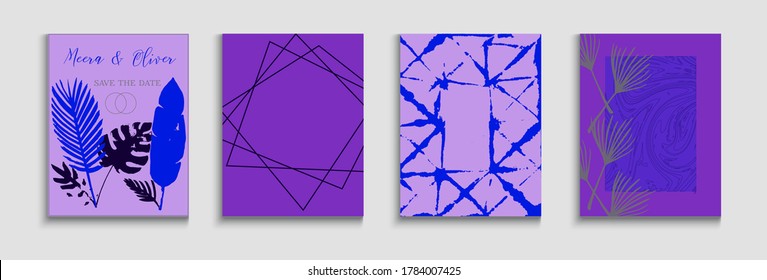 Abstract Asian Vector Cards Set. Painted Shapes Forms in Oriental Style. Soft, Elegant Magazine Template. Geometric Border Pattern. Hand Drawn Minimal Background. Tie-Dye, Tropical Leaves Covers
