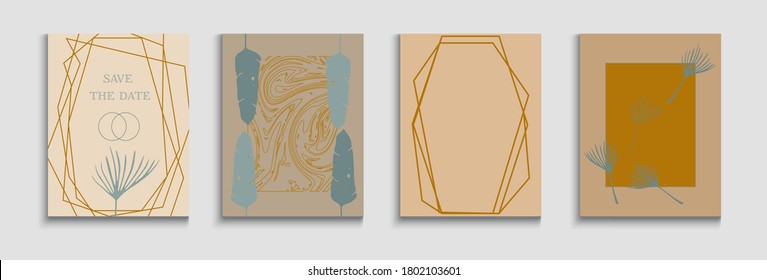 Abstract Asian Vector Cards Set. Hand Drawn Minimal Background. Geometric Border Texture. Tie-Dye, Tropical Leaves Posters Soft, Elegant Invitation Template. Painted Shapes Lines in Oriental Style.