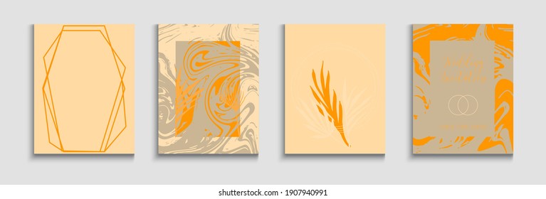 Resumen del juego de tarjetas vectoras asiáticas. Plantilla de invitación suave y elegante. Textura del marco geométrico. Formularios de líneas pintadas en estilo oriental. Tejido, Volantes De Hojas Tropicales Con Fondo Mínimo.