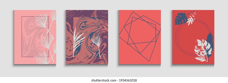 Resumen del juego de tarjetas vectoras asiáticas. Colas de tinta, hojas tropicales, pancartas pintadas con líneas de formas en estilo oriental. Plantilla de Revista suave y elegante. Textura de borde geométrico. Fondo Mínimo De La Mano.