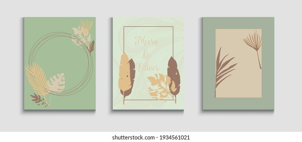 Abstract Asian Vector Cards Set. Geometric Frame Pattern. Hand Drawn Elegant Background. Japanese Style Invitation. Cool Olive Leaves Invitation Design. Tie-Dye, Tropical Leaves Banners.