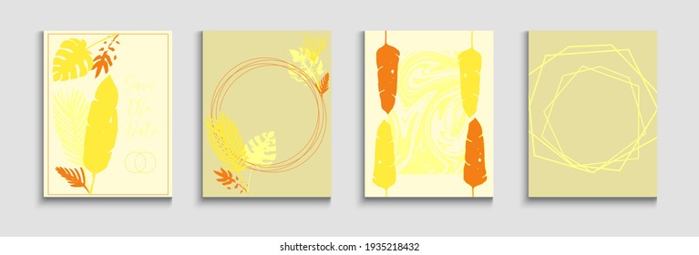Abstract Asian Vector Cards Set. Geometric Frame Texture. Painted Shapes Forms in Oriental Style. Tie-Dye, Tropical Leaves Covers Hand Drawn Minimal Background. Soft, Elegant Magazine Design.