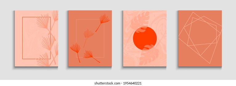 Resumen del juego de tarjetas vectoras asiáticas. Fondo Mínimo De La Mano. Diseño de invitaciones suave y elegante. Colas, hojas tropicales, afiches formas pintadas en forma oriental. Textura del marco geométrico.